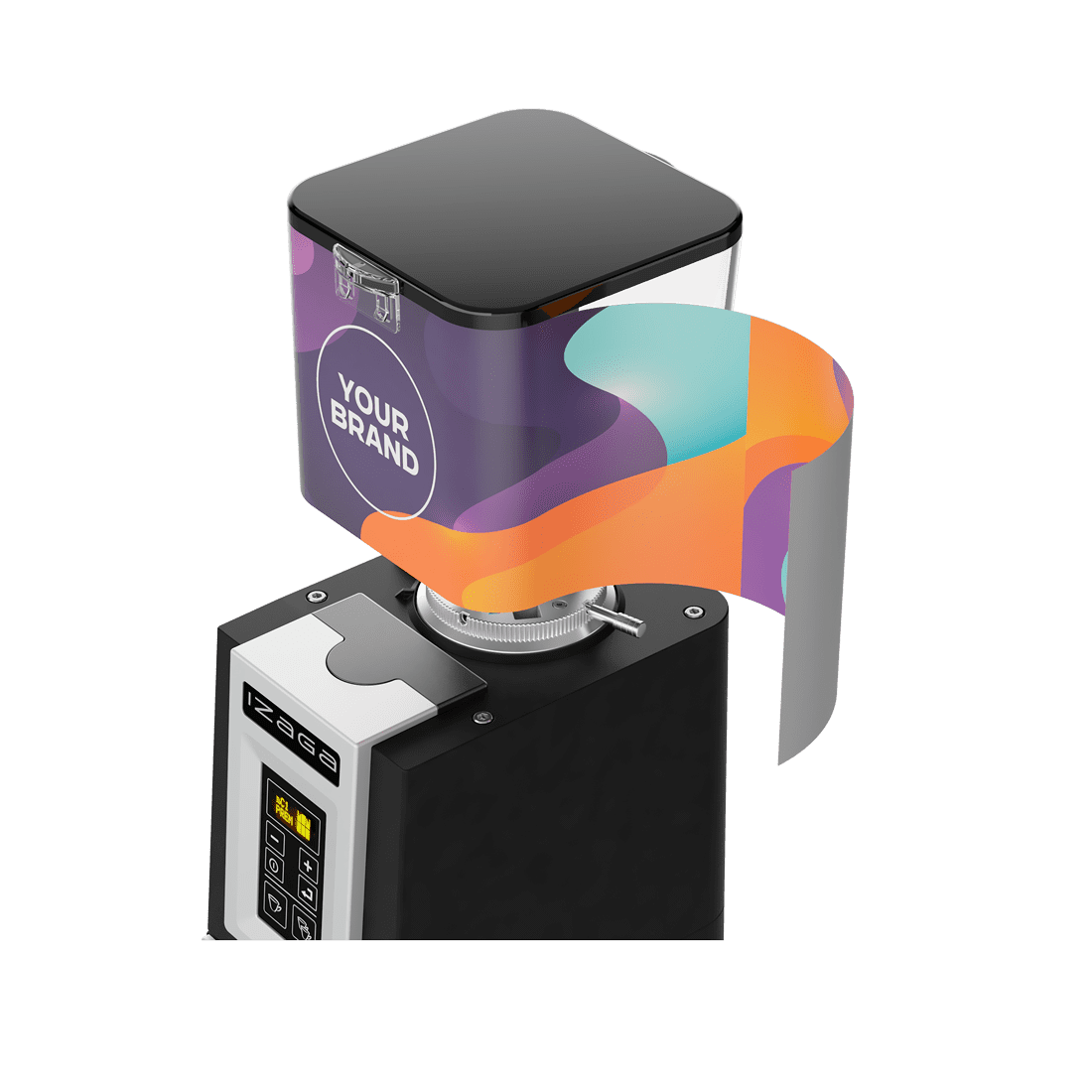 Markibar Izaga espresso grinder with a branded hopper wrap that reads “Your Brand” in colorful packaging.