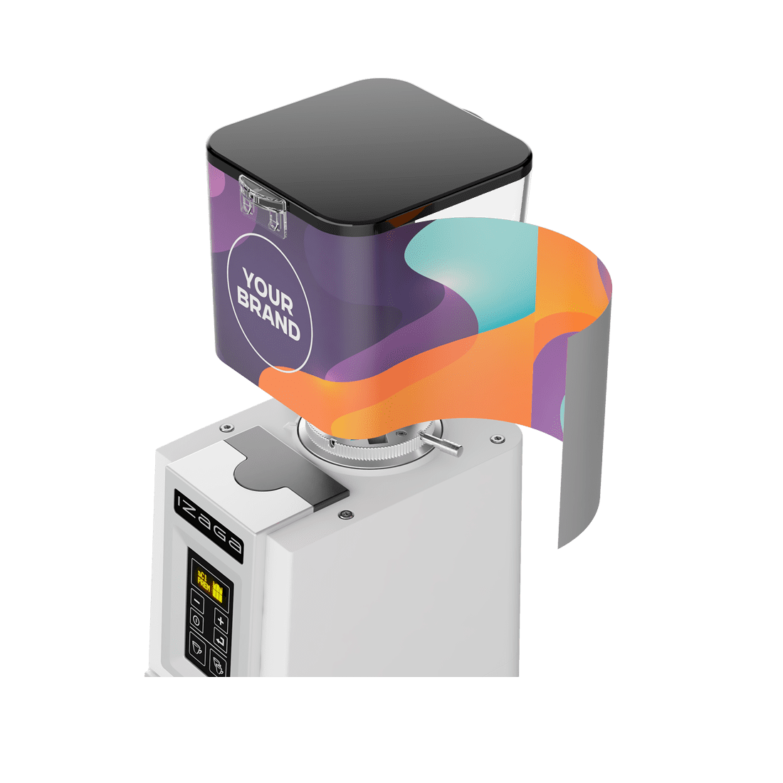 Markibar Izaga espresso grinder with a branded hopper wrap that reads “Your Brand” in colorful packaging.