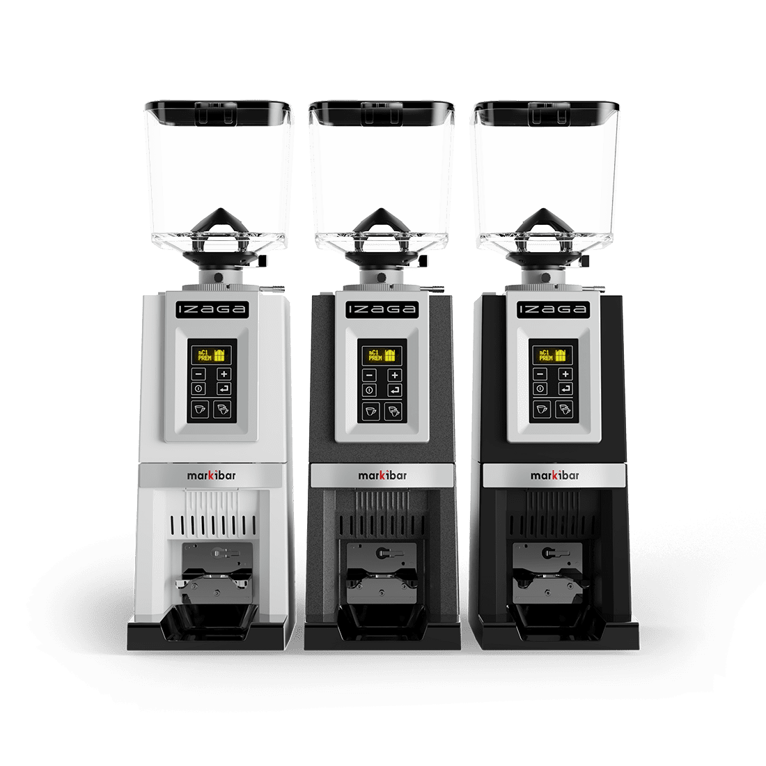 Three Markibar Izaga espresso grinders shown side by side in white, gray, and black with clear hoppers and digital control panels.