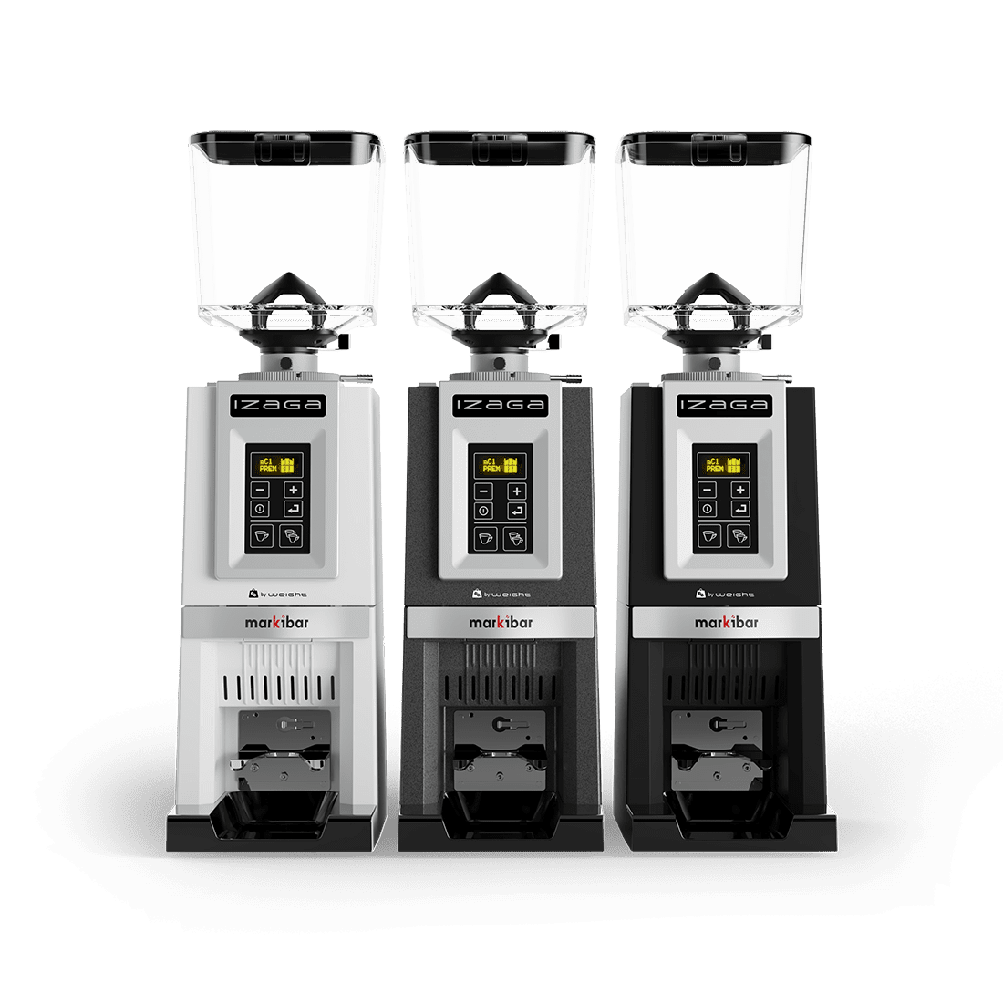 Three Markibar espresso grinders shown from the back in white, black, and dark gray with clear bean hoppers.