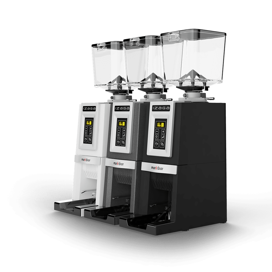 Three Markibar Izaga espresso grinders shown side by side in white, gray, and black with clear hoppers and digital control panels.