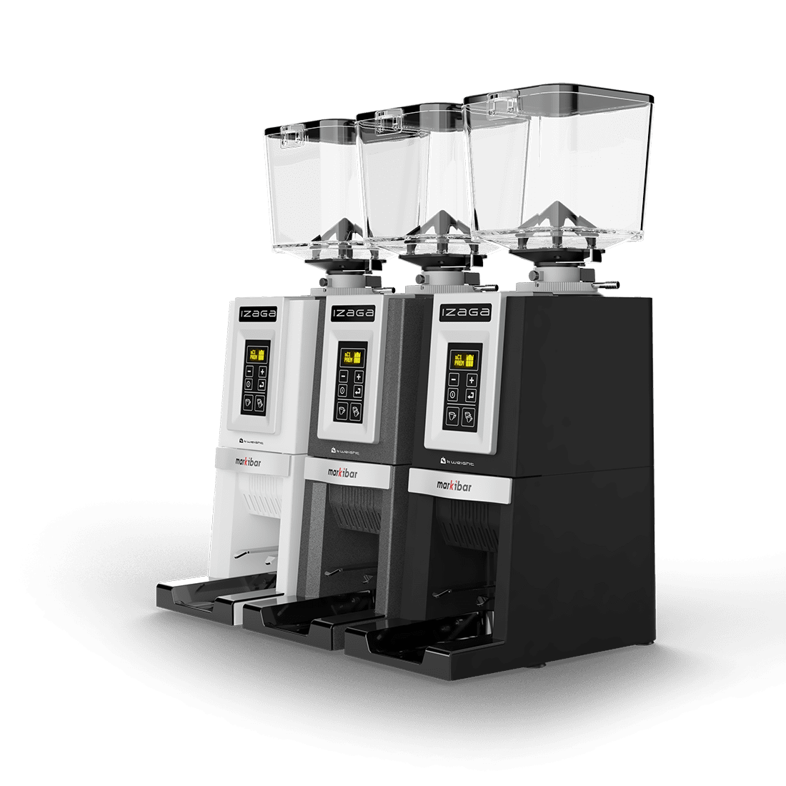 Three Markibar espresso grinders shown from the back in white, black, and dark gray with clear bean hoppers.
