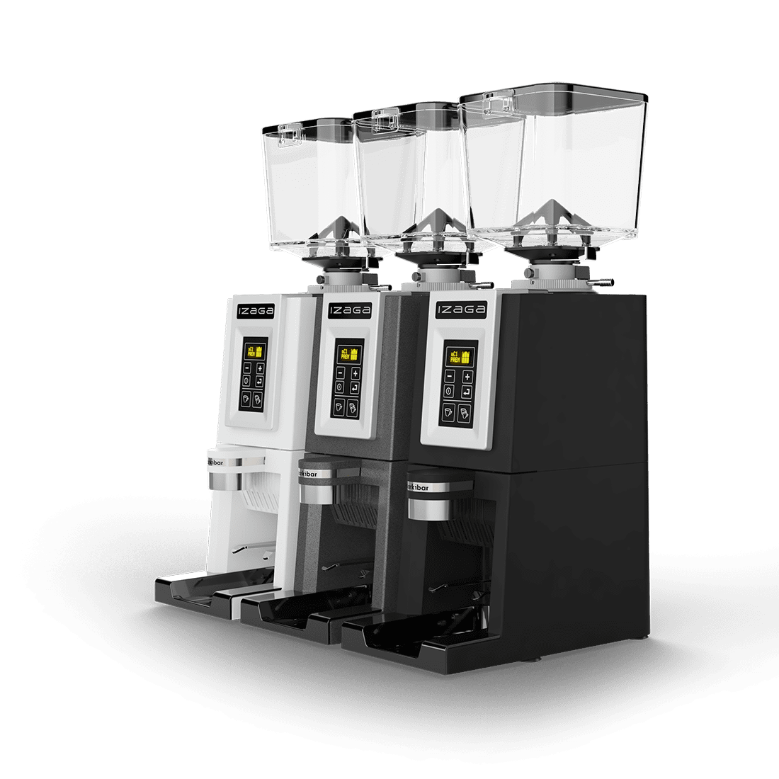 Three Markibar Izaga espresso grinders shown side by side in white, gray, and black with clear hoppers and digital control panels.