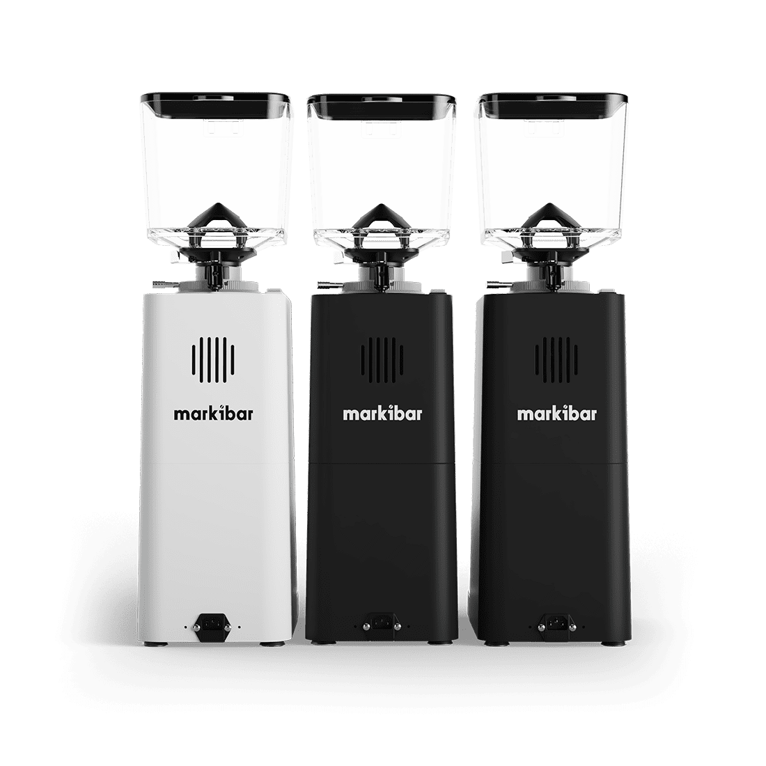 Three Markibar Izaga espresso grinders shown side by side in white, gray, and black with clear hoppers and digital control panels.