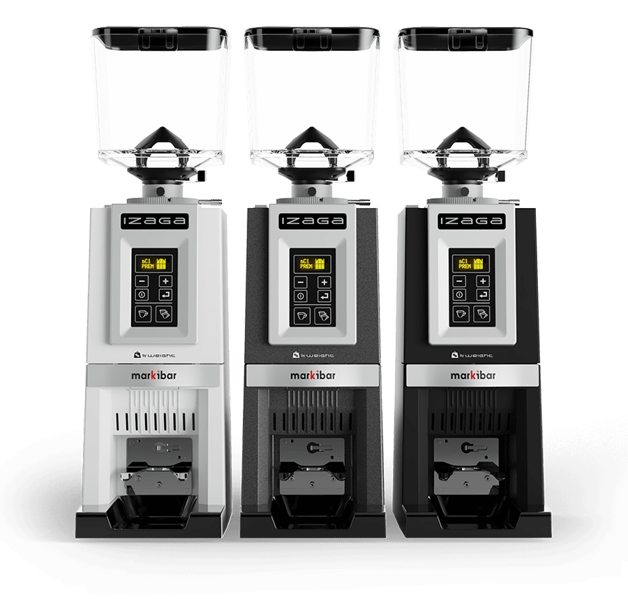 Three Markibar Izaga espresso grinders shown side by side in white, gray, and black with clear hoppers and digital control panels.