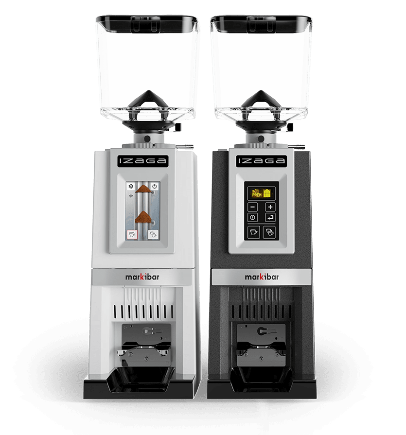 Two Markibar Izaga espresso grinders shown side by side in white and black with clear hoppers and digital control panels.